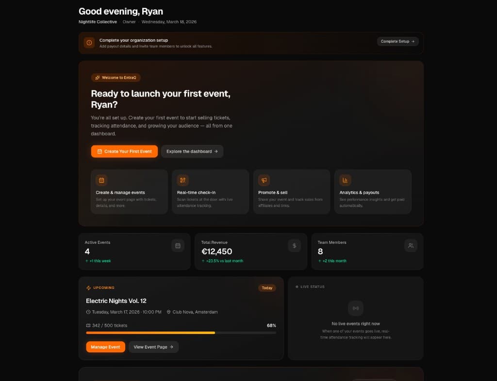 Criação de eventos no dashboard EntraQ